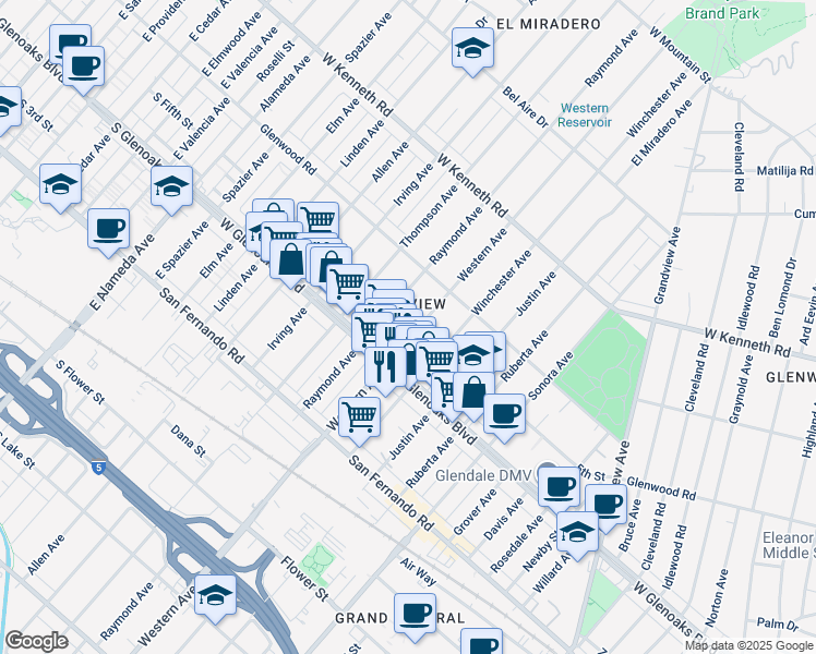 map of restaurants, bars, coffee shops, grocery stores, and more near in Glendale
