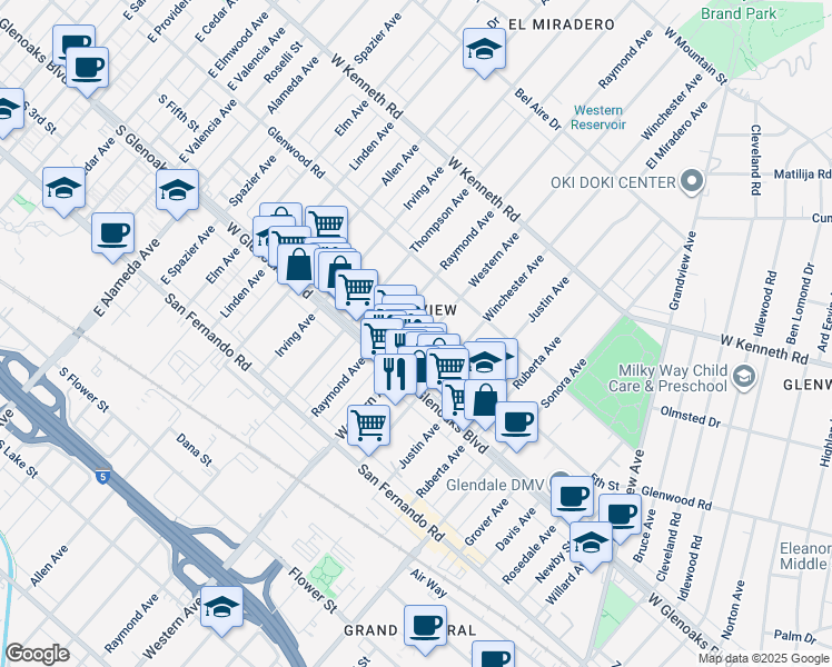 map of restaurants, bars, coffee shops, grocery stores, and more near in Glendale