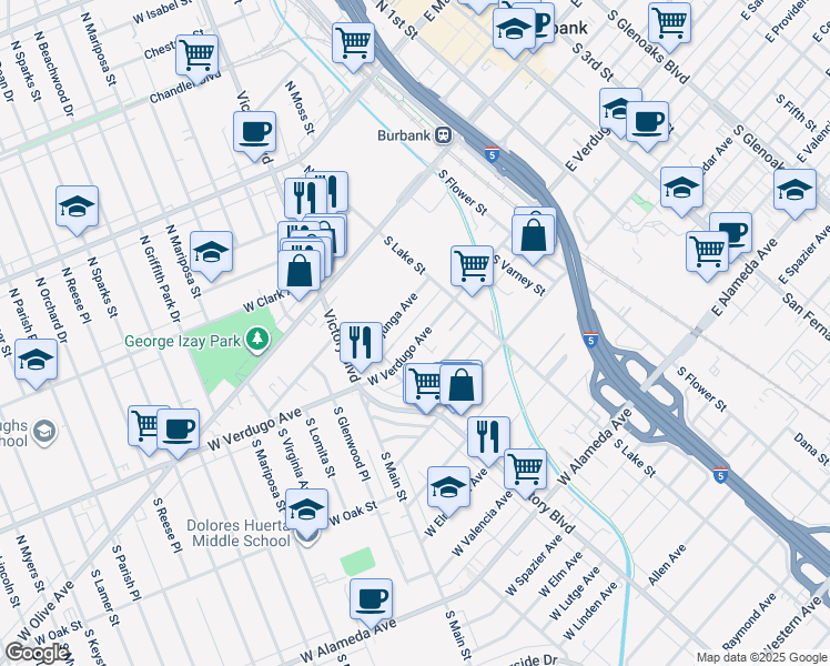 map of restaurants, bars, coffee shops, grocery stores, and more near 226 West Tujunga Avenue in Burbank