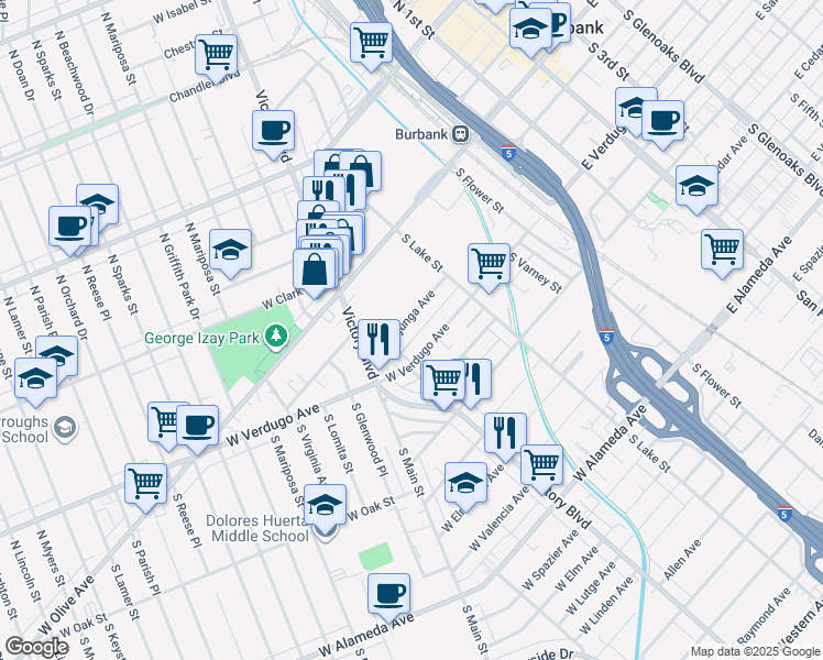 map of restaurants, bars, coffee shops, grocery stores, and more near 245 West Tujunga Avenue in Burbank