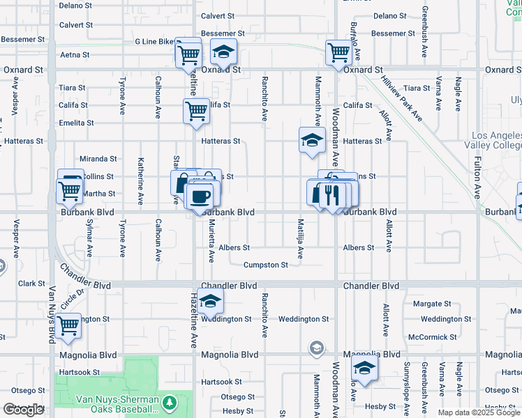 map of restaurants, bars, coffee shops, grocery stores, and more near 5626 Ranchito Avenue in Los Angeles