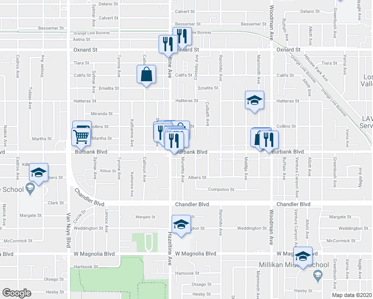 map of restaurants, bars, coffee shops, grocery stores, and more near 5624 Murietta Avenue in Los Angeles