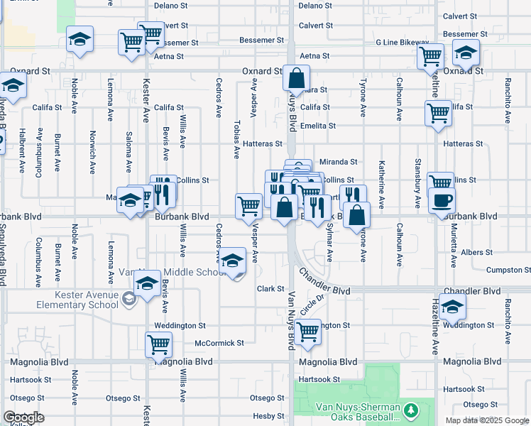 map of restaurants, bars, coffee shops, grocery stores, and more near 14546 Martha Street in Los Angeles