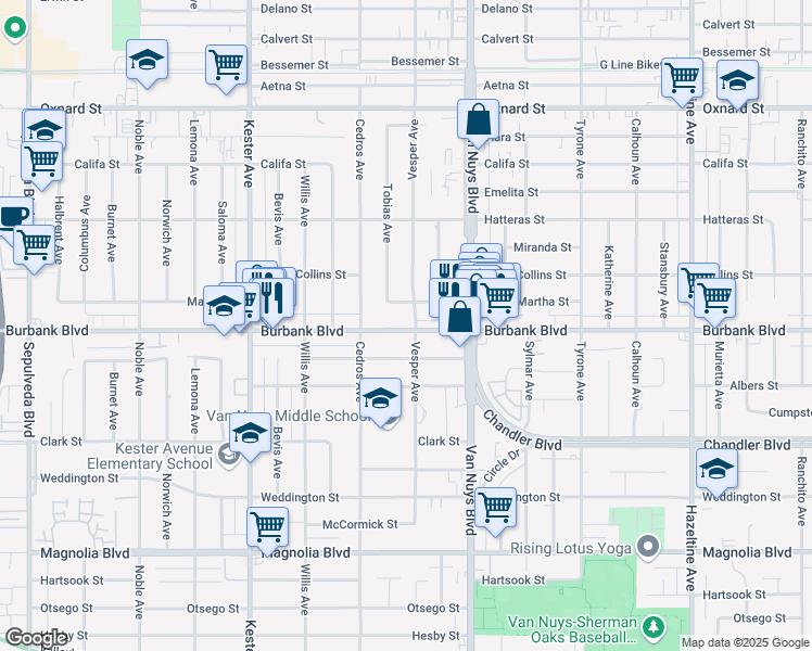 map of restaurants, bars, coffee shops, grocery stores, and more near 14628 Martha Street in Los Angeles