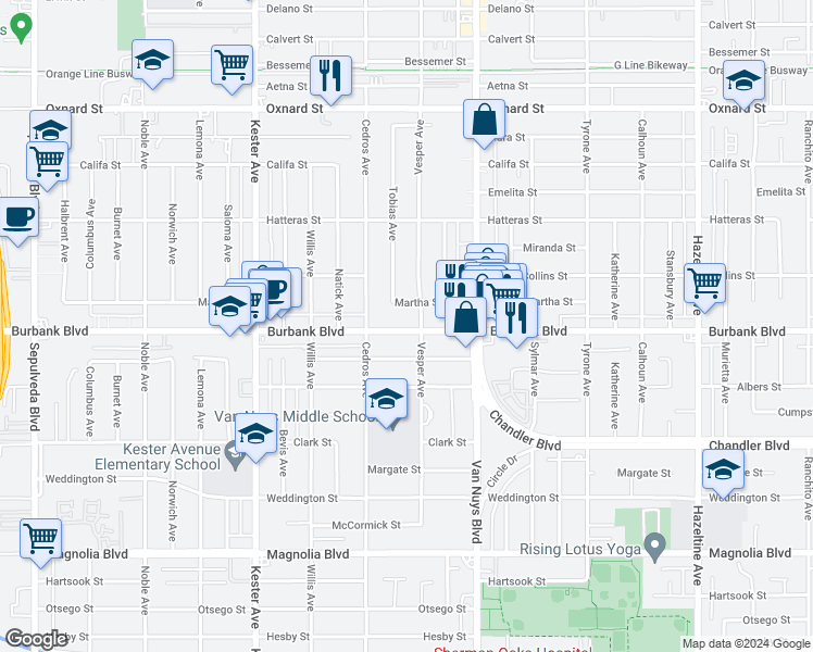 map of restaurants, bars, coffee shops, grocery stores, and more near 14628 Martha Street in Los Angeles