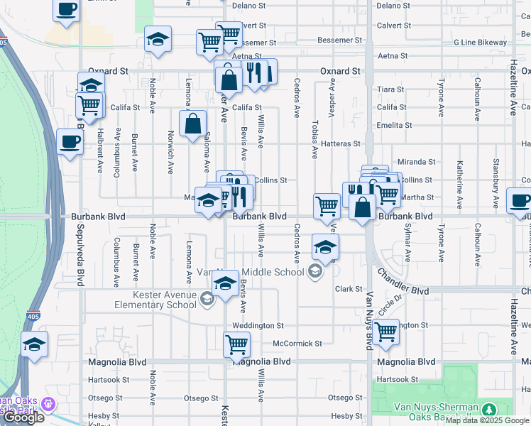 map of restaurants, bars, coffee shops, grocery stores, and more near 5630 Willis Avenue in Los Angeles