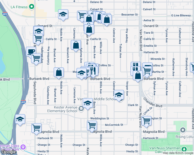 map of restaurants, bars, coffee shops, grocery stores, and more near 5631 Bevis Avenue in Los Angeles