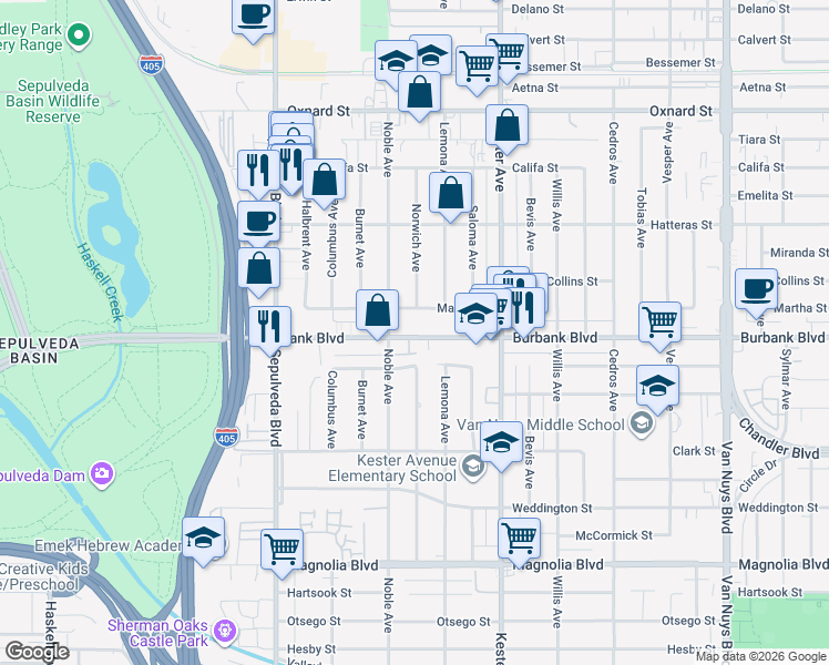 map of restaurants, bars, coffee shops, grocery stores, and more near 15040 Martha Street in Los Angeles