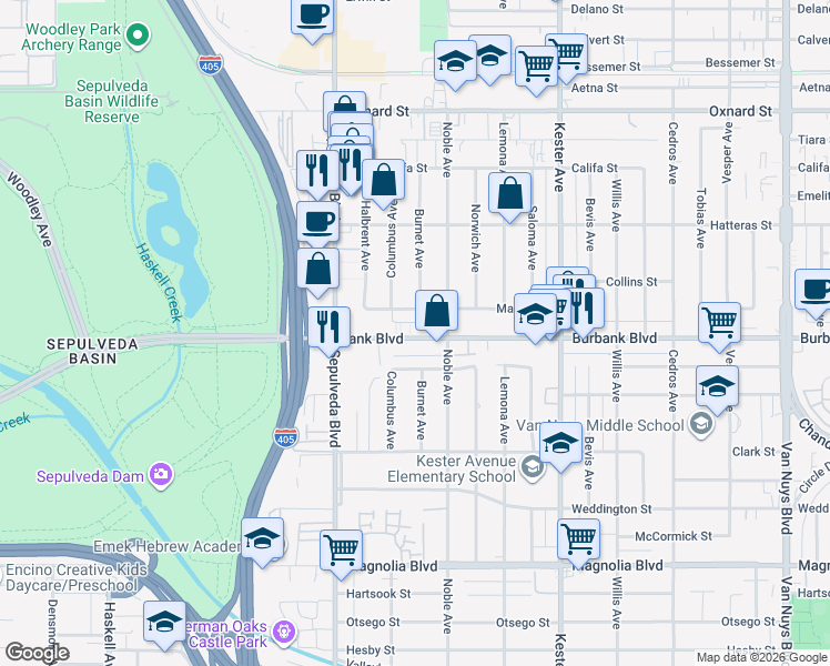 map of restaurants, bars, coffee shops, grocery stores, and more near 15116 Martha Street in Los Angeles
