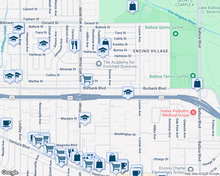 map of restaurants, bars, coffee shops, grocery stores, and more near 17442 Martha Street in Los Angeles