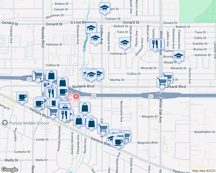 map of restaurants, bars, coffee shops, grocery stores, and more near 5620 Lindley Avenue in Los Angeles