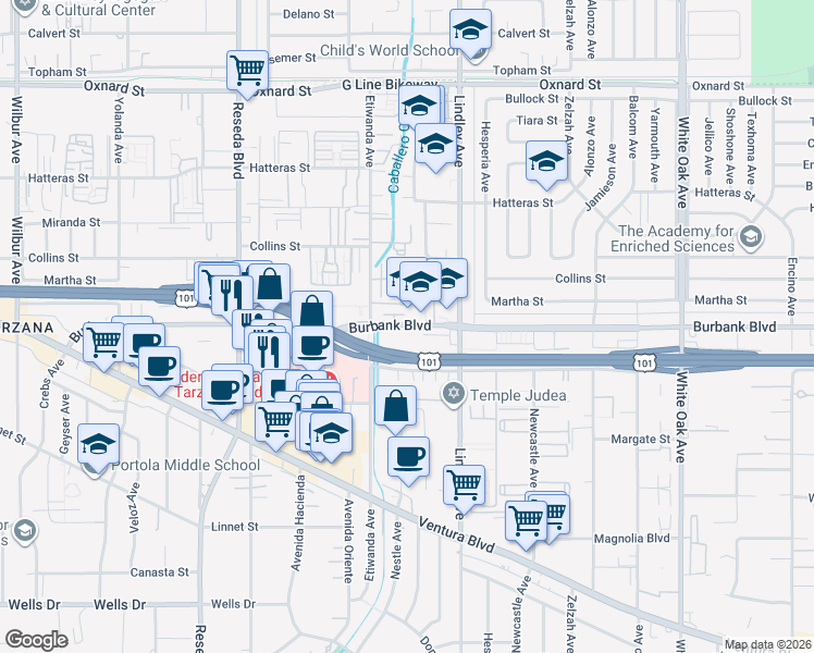 map of restaurants, bars, coffee shops, grocery stores, and more near 18214 Burbank Boulevard in Los Angeles