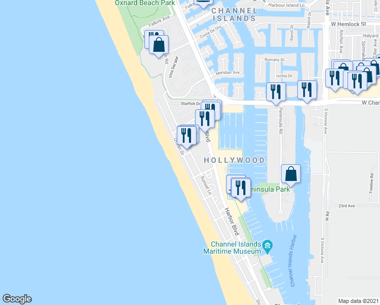 map of restaurants, bars, coffee shops, grocery stores, and more near 4029 Sunset Lane in Oxnard