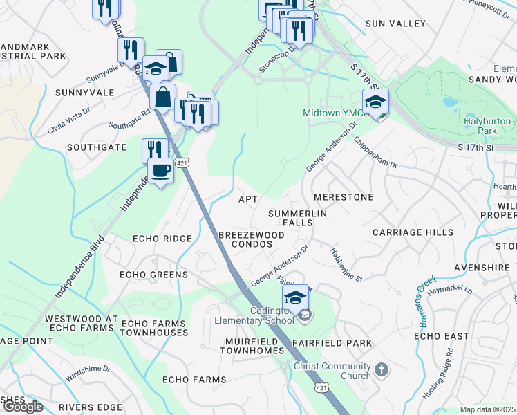 map of restaurants, bars, coffee shops, grocery stores, and more near 4107 Breezewood Drive in Wilmington
