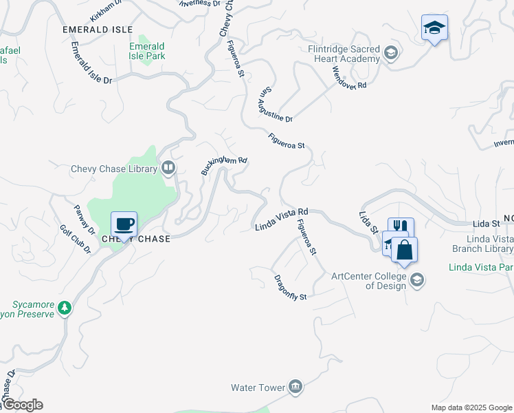map of restaurants, bars, coffee shops, grocery stores, and more near 3476 Linda Vista Road in Glendale