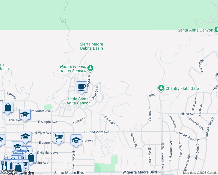 map of restaurants, bars, coffee shops, grocery stores, and more near 505 Lotus Lane in Sierra Madre