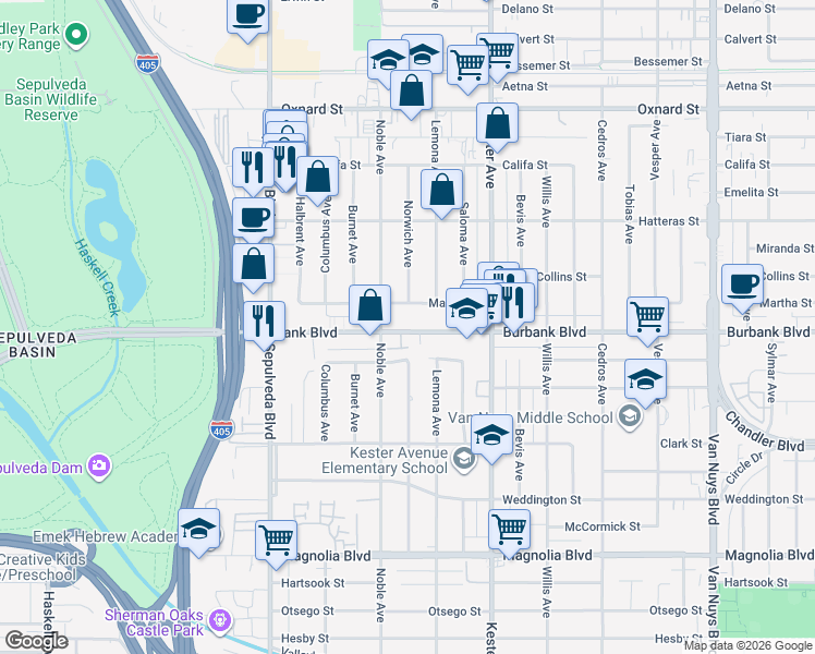 map of restaurants, bars, coffee shops, grocery stores, and more near 15040 Martha Street in Los Angeles