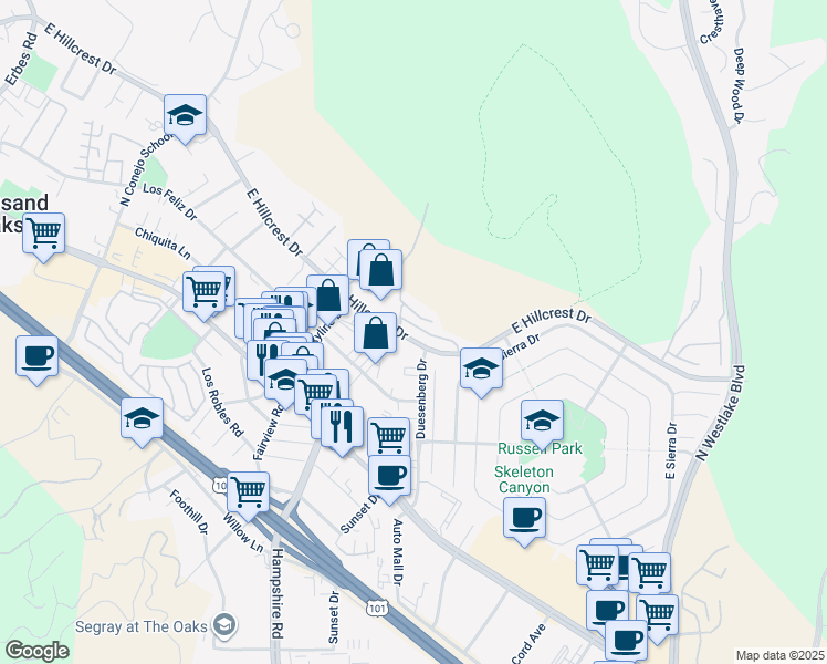 map of restaurants, bars, coffee shops, grocery stores, and more near 3091 East Hillcrest Drive in Westlake Village