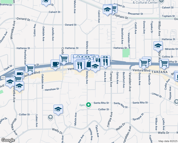 map of restaurants, bars, coffee shops, grocery stores, and more near 19439 Ventura Boulevard in Los Angeles