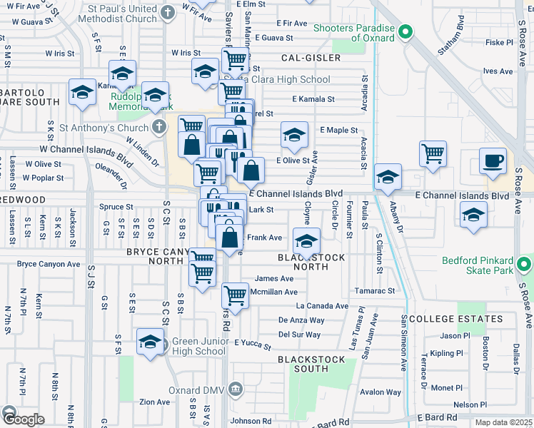 map of restaurants, bars, coffee shops, grocery stores, and more near 168 Lark Street in Oxnard