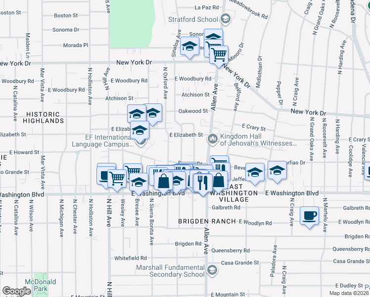 map of restaurants, bars, coffee shops, grocery stores, and more near 1532 Sinaloa Avenue in Pasadena