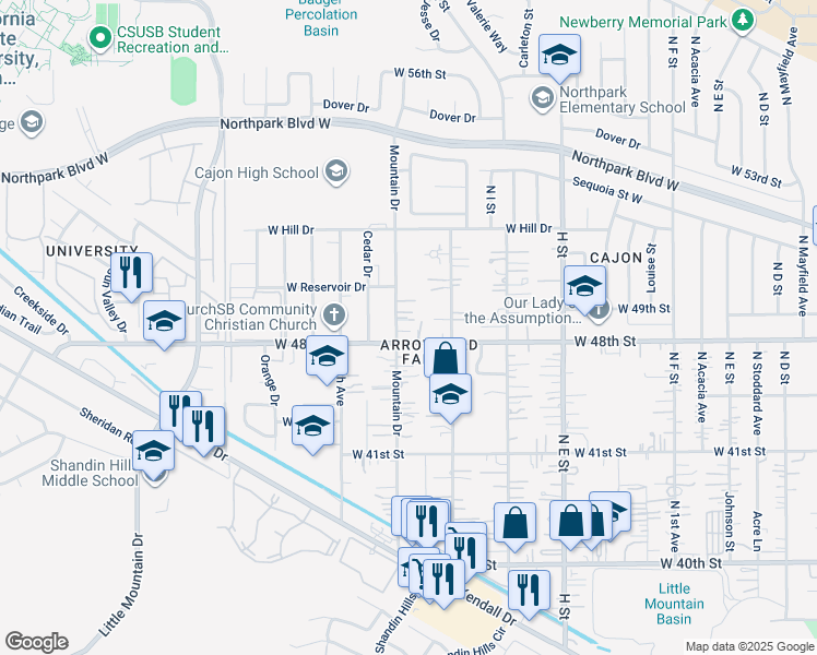 map of restaurants, bars, coffee shops, grocery stores, and more near 4211 North Mountain Drive in San Bernardino County
