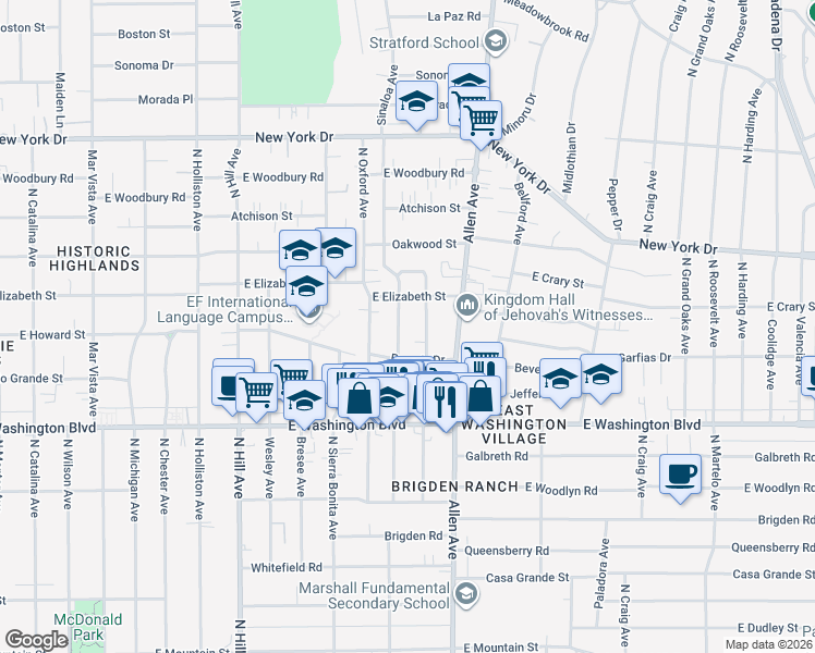 map of restaurants, bars, coffee shops, grocery stores, and more near 1532 Sinaloa Avenue in Pasadena