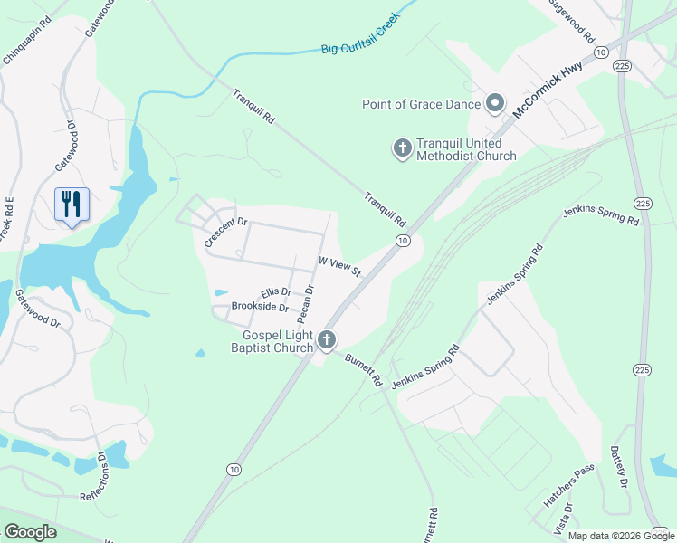 map of restaurants, bars, coffee shops, grocery stores, and more near 110 West View Street in Greenwood