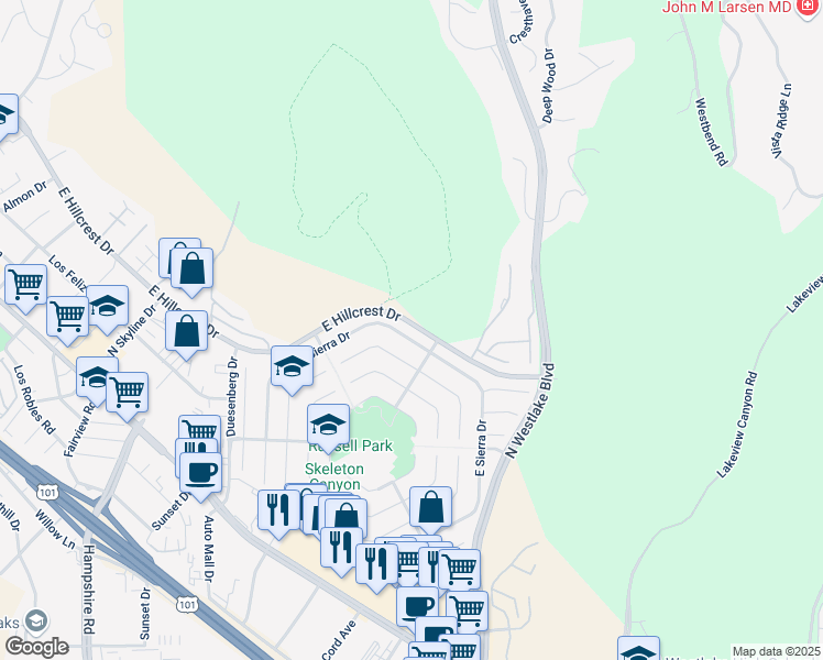 map of restaurants, bars, coffee shops, grocery stores, and more near 3136 West Sierra Drive in Westlake Village