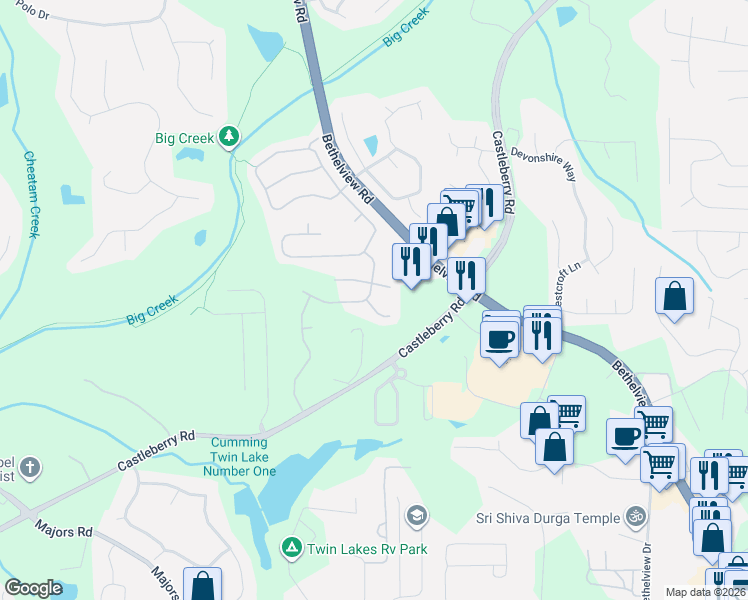 map of restaurants, bars, coffee shops, grocery stores, and more near 6315 Hillcroft Lane in Cumming