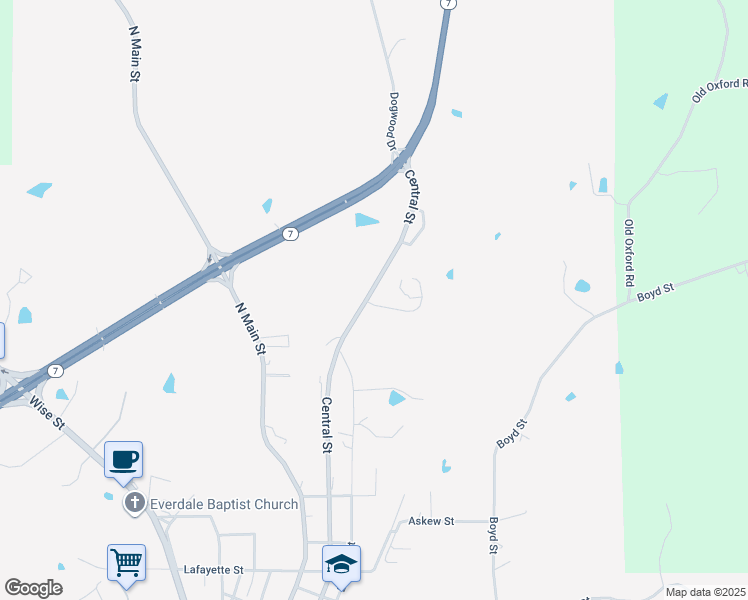 map of restaurants, bars, coffee shops, grocery stores, and more near 1804 Central Street in Water Valley