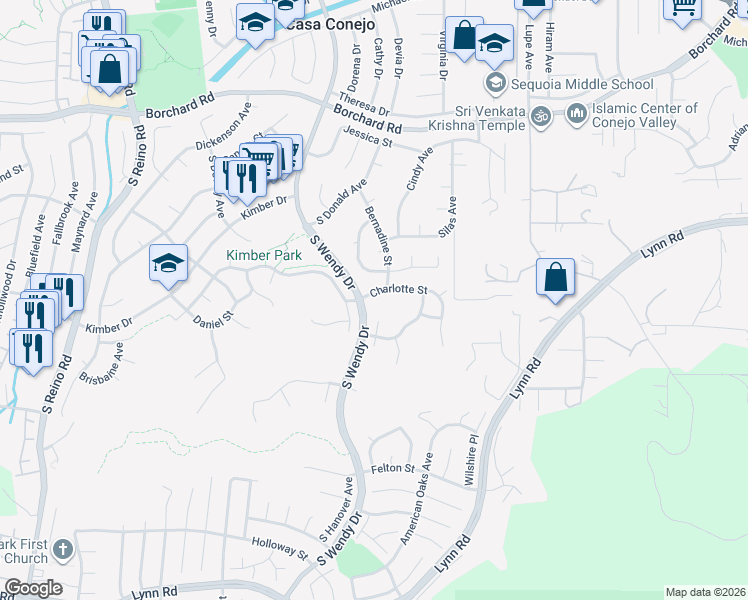 map of restaurants, bars, coffee shops, grocery stores, and more near 3104 Charlotte Street in Thousand Oaks