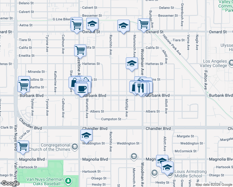 map of restaurants, bars, coffee shops, grocery stores, and more near 13841 Burbank Boulevard in Los Angeles