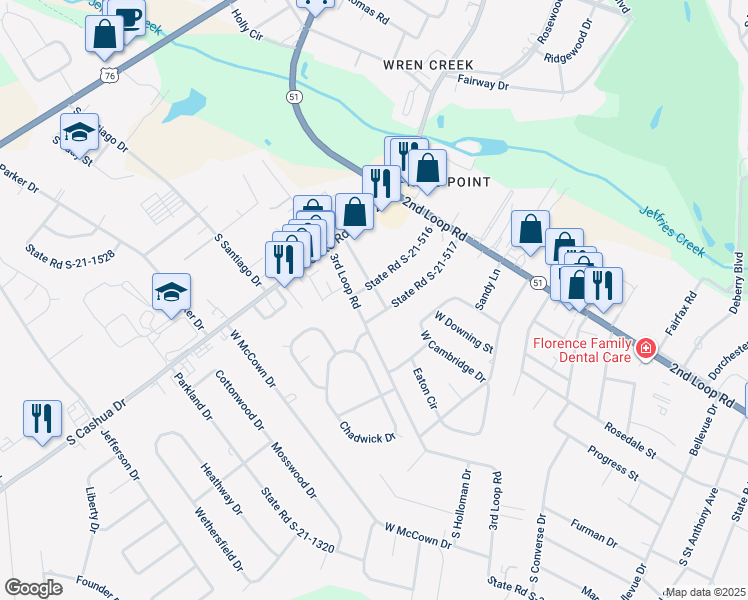 map of restaurants, bars, coffee shops, grocery stores, and more near 1514 State Road S-21-516 in Florence