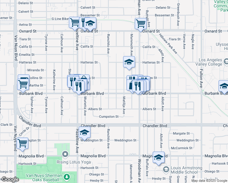 map of restaurants, bars, coffee shops, grocery stores, and more near 13841 Burbank Boulevard in Los Angeles