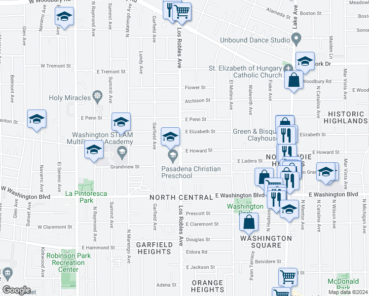 map of restaurants, bars, coffee shops, grocery stores, and more near 1546 North Los Robles Avenue in Pasadena