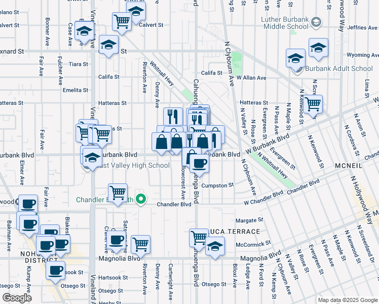 map of restaurants, bars, coffee shops, grocery stores, and more near 5629 Cahuenga Boulevard in Los Angeles