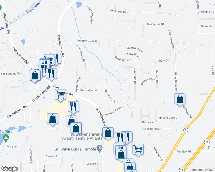 map of restaurants, bars, coffee shops, grocery stores, and more near 6440 Whirlaway Drive in Cumming