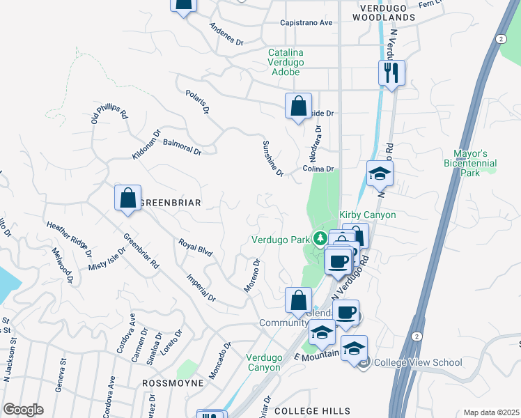 map of restaurants, bars, coffee shops, grocery stores, and more near 1659 Puebla Drive in Glendale