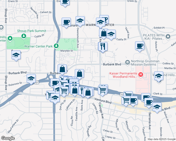map of restaurants, bars, coffee shops, grocery stores, and more near 21550 Burbank Boulevard in Los Angeles