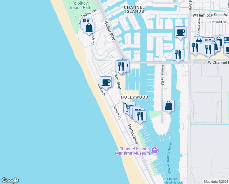map of restaurants, bars, coffee shops, grocery stores, and more near 3113 Harbor Boulevard in Oxnard