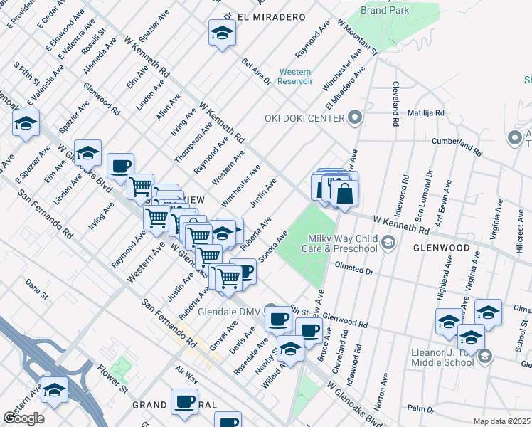 map of restaurants, bars, coffee shops, grocery stores, and more near 1240 Justin Avenue in Glendale