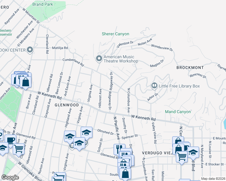 map of restaurants, bars, coffee shops, grocery stores, and more near 1600 Ridgeway Drive in Glendale