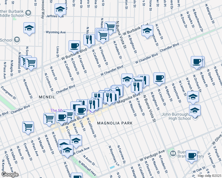 map of restaurants, bars, coffee shops, grocery stores, and more near 1014 North Catalina Street in Burbank