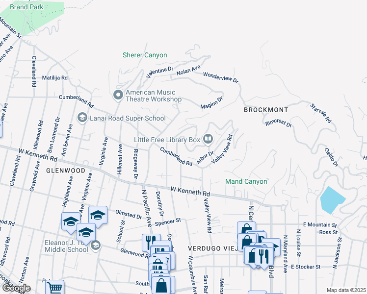 map of restaurants, bars, coffee shops, grocery stores, and more near 366 Brockmont Drive in Glendale