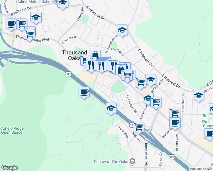 map of restaurants, bars, coffee shops, grocery stores, and more near 2414 Pleasant Way in Thousand Oaks