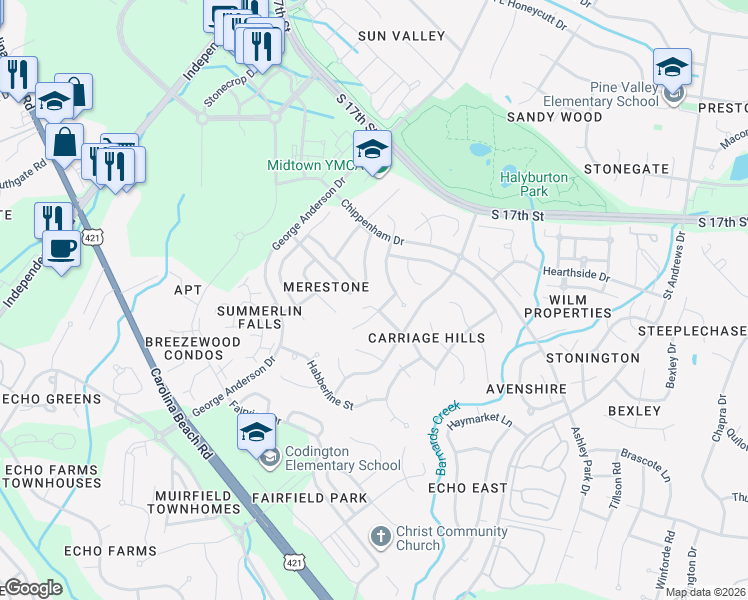 map of restaurants, bars, coffee shops, grocery stores, and more near 3609 New Holland Drive in Wilmington
