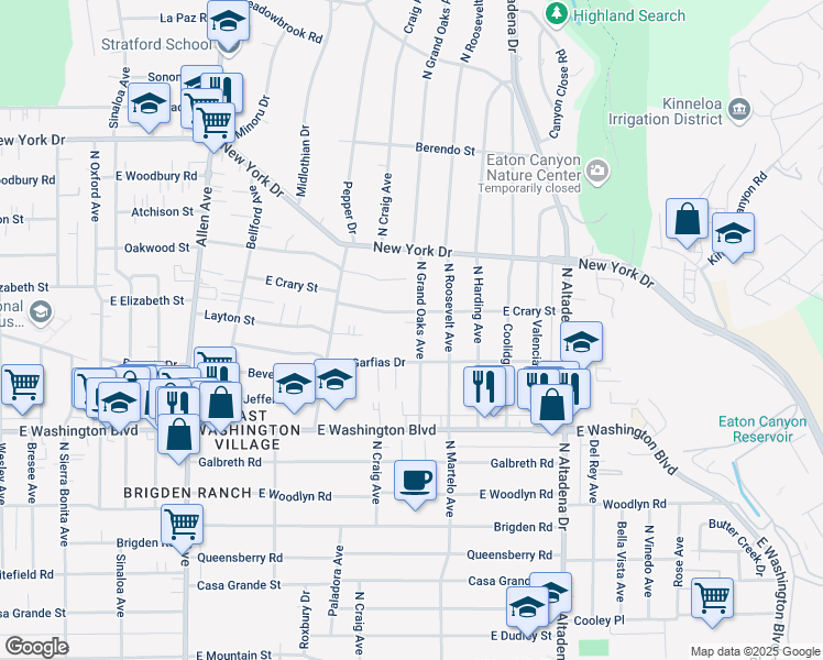 map of restaurants, bars, coffee shops, grocery stores, and more near 1523 North Grand Oaks Avenue in Pasadena