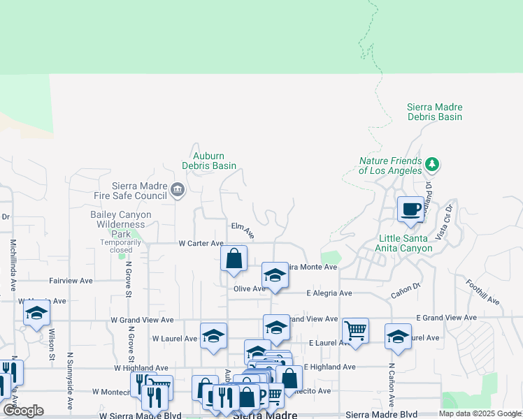 map of restaurants, bars, coffee shops, grocery stores, and more near 2 West Sierra Madre Boulevard in Sierra Madre