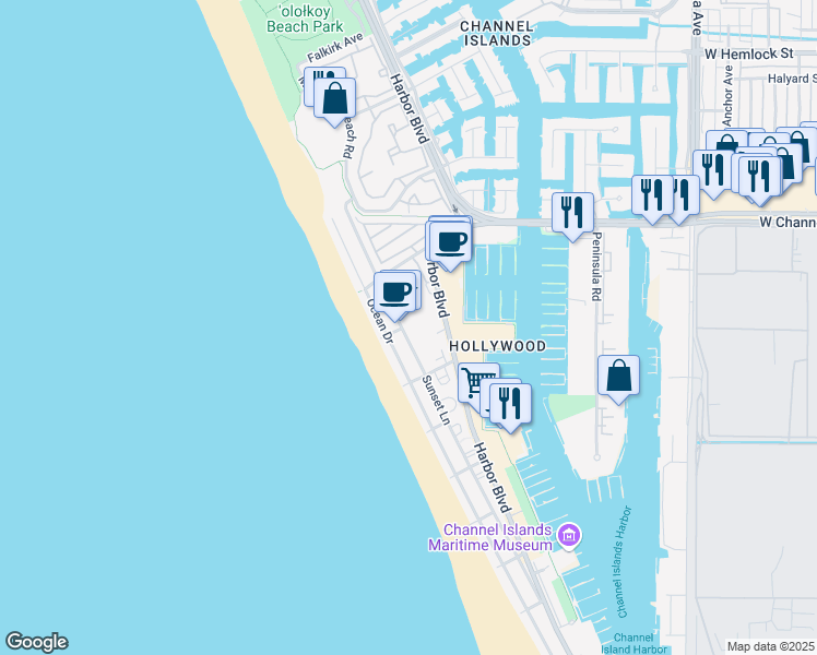 map of restaurants, bars, coffee shops, grocery stores, and more near 3058 Sunset Lane in Oxnard
